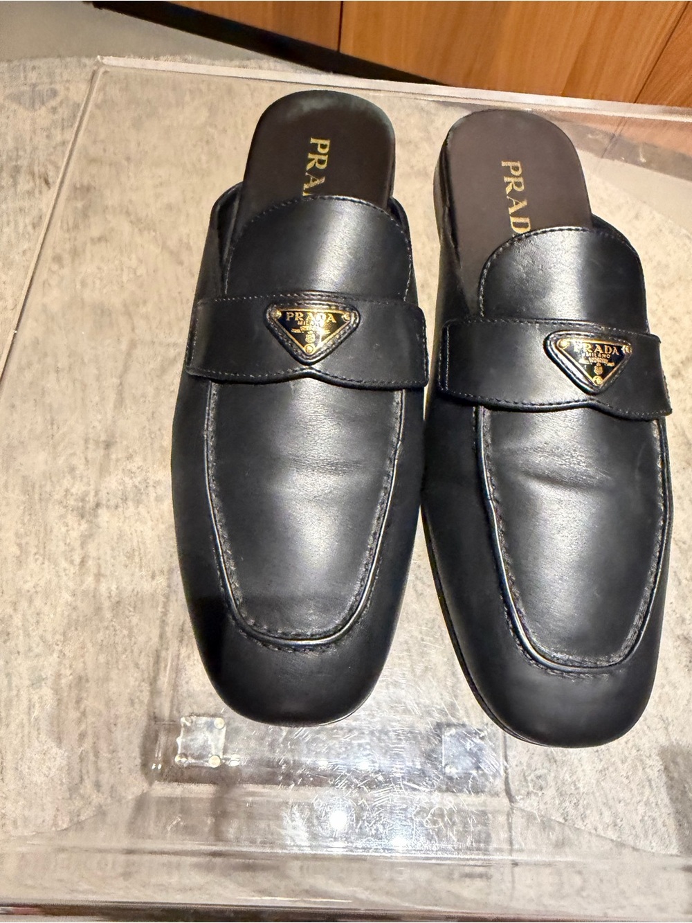 Prada Black Leather Backless Loafer Mule with Gold Triangle Hardware - Picture 5 of 13